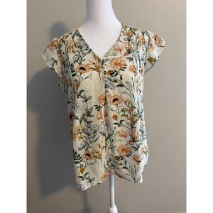 Maison d'Amélie Cream and Floral Flutter Sleeve Blouse Size S